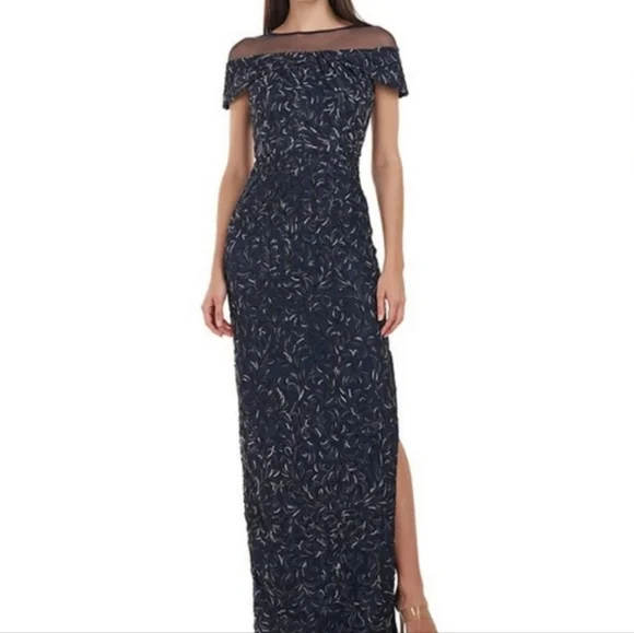 JS Collections Illusion Mesh Off-the-Shoulder Short Sleeve Gown - Picture 1 of 9